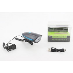 Ліхтар передній 1 діод+дзвінок 4 мелодії, Li-ion 3.7V 1200mAh зарядка від USB, вологозахисний, чорно-синій FY-058/7588 Китай