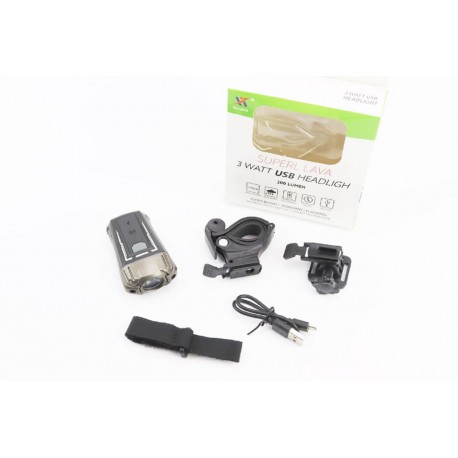Ліхтар передній 1 діод 300 lumen, Li-ion 3.7V 1200mAh зарядка від USB, вологозахисний, чорно-сірий HJ-049 (можлива пошкоджена уп