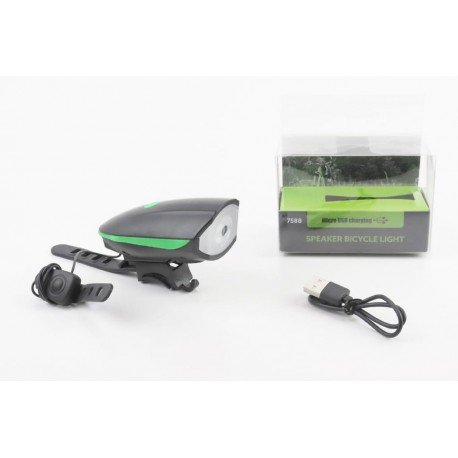 Ліхтар передній 1 діод+дзвінок 4 мелодії, Li-ion 3.7V 1200mAh зарядка від USB, вологозахисний, чорно-зелений FY-058/7588 Китай