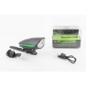 Ліхтар передній 1 діод+дзвінок 4 мелодії, Li-ion 3.7V 1200mAh зарядка від USB, вологозахисний, чорно-зелений FY-058/7588 Китай