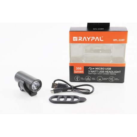 Фонарь передний 1 диод 350 lumen алюминиевый, Li-ion 3.7V 1200mAh зарядка от USB,  черный RPL-2289 RAYPAL