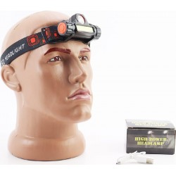 Фонарь налобный 1 LED+COB 200 lumen, АКБ Li-ion 3.7V 18650 зарядка от USB, чёрный Китай