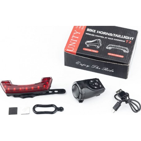 Фонарь задний с поворотами, +звонок 3 мелодии, пульт дистанционного управления,  от USB,  чёрный Китай