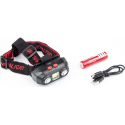 Фонарь налобный 2 LED+COB 140 lumen, АКБ Li-ion 3.7V 18650 зарядка от USB, влагозащитный, чёрный PL-167 Китай