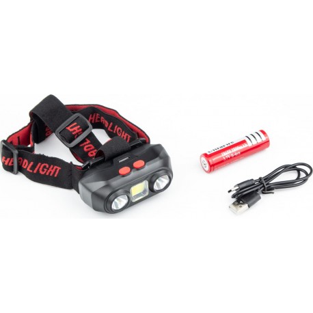 Ліхтар налобний 2 LED+COB 140 lumen, АКБ Li-ion 3.7V 18650 зарядка від USB, вологозахисний, чорний PL-167 Китай