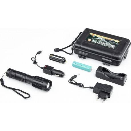 Фонарь LED Cree XML-T6 (Zoom) 700 lumen ручной, алюминиевый, АКБ Li-ion 3.7V 18650 зарядка от авто/220V, влагозащитный, чёрный B