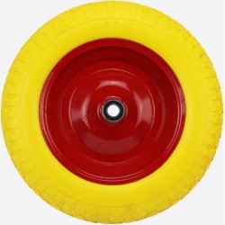 Колесо на тачку "ПІНОПОЛІУРЕТАН" 3,50-8, пром-підшипники під вісь 16мм, жовто-червоне (низької якості) Китай