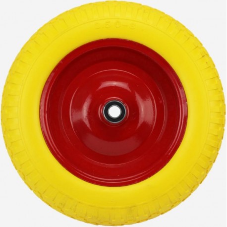 Колесо на тачку "ПЕНОПОЛИУРЕТАН" 3,50-8, пром-подшипники под ось 16мм, жёлто-красное (низкого качества) Китай