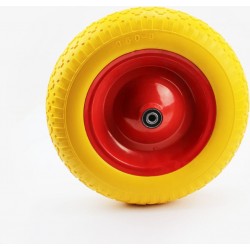 Колесо на тачку "ПЕНОПОЛИУРЕТАН" 3,50-8, пром-подшипники под ось 12мм, жёлто-красное Китай