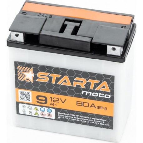 Аккумулятор 12V9Аh 6МТС-9 кислотный (L140*W75*H140мм), плоская клемма STARTA