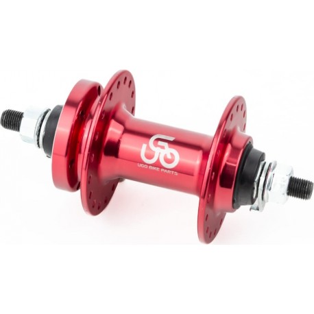 Втулка передняя MTB алюминиевая 14Gx36H, Disk-brake, 2 пром-подшипники 6200 2RS, крепл. гайка, красная U-B07F UGO