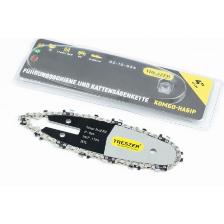 Шина 4"-1,1мм 1/4" 28зв L-13см (підходить на акумуляторну міні-пилу) + ланцюг 1/4"-1,1мм, 28зв. квад. зуб, на блістері TRESZER