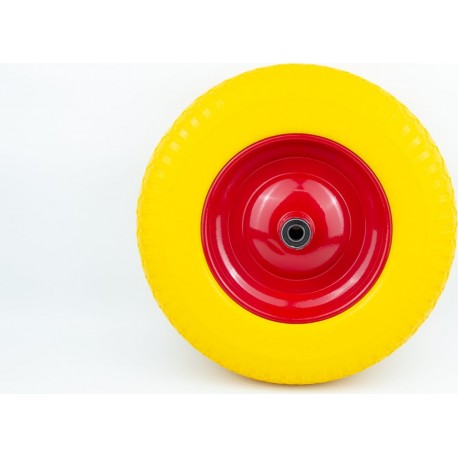 Колесо на тачку "ПЕНОПОЛИУРЕТАН" 4,00-8, пром-подшипники под ось 16мм, жёлто-красное Китай