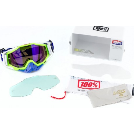 Очки кроссовые/эндуро/АТV со сменным стеклом+защитная плёнка 1шт, салатово-бело-синие