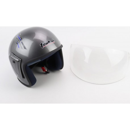 Шлем открытый HK-215, CЕРЫЙ с синим рисунком (незначительные отличия рисунков) Toukui