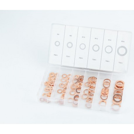 Набор шайб медных (6х10х1, 8х14х1, 10х16х1, 12х16х1,5, 14х20х2, 16х22х1,5) 6 видов, 110шт Китай