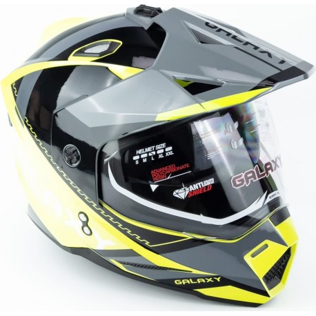 Шлем кроссовый с визором (стандарт DOT), выдвижные очки GLX-802 S (55-56см), чёрно-салатовый GALAXY